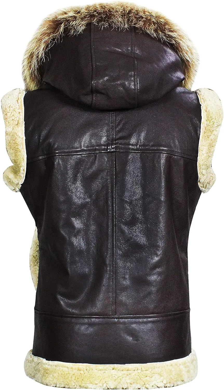 SpazeUp Mens Sheepskin Leather Jacket - Faux Shearling Brown Real Leather Bomber Jackets for Men