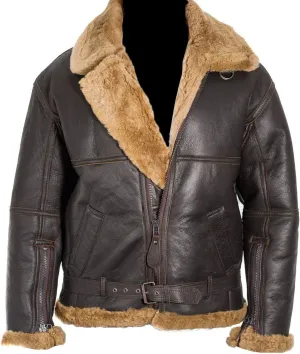 SpazeUp Mens Sheepskin Leather Jacket - Faux Shearling Brown Real Leather Bomber Jackets for Men