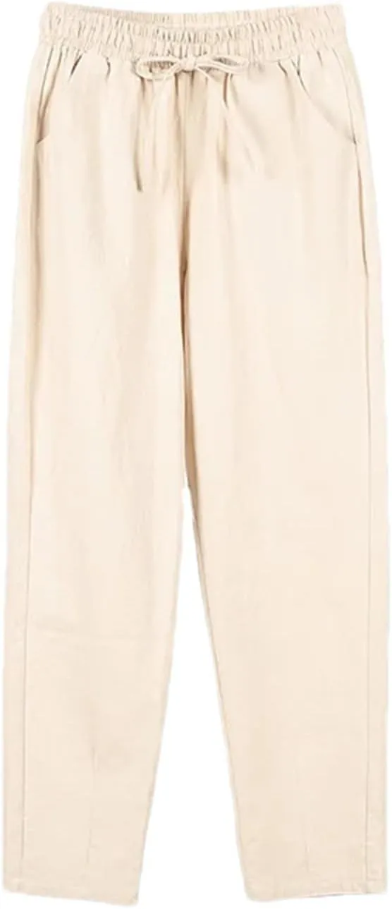 Spring Summer Pants for Women - Cotton Linen Solid Color, Elastic Waist, Casual Female Trousers