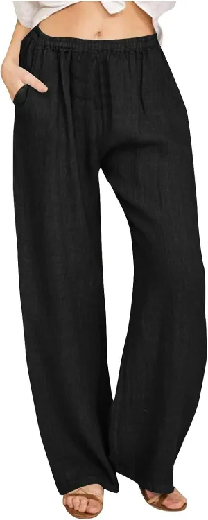 Summer Wide Leg Trousers for Women Trendy Elastic Waist Cotton Linen Pants Ladies Beach Palazzo Pants with Pockets