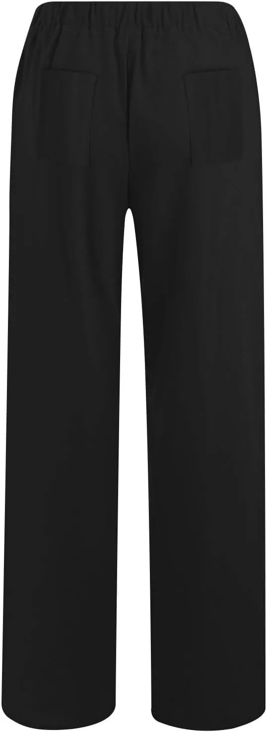 Summer Wide Leg Trousers for Women Trendy Elastic Waist Cotton Linen Pants Ladies Beach Palazzo Pants with Pockets
