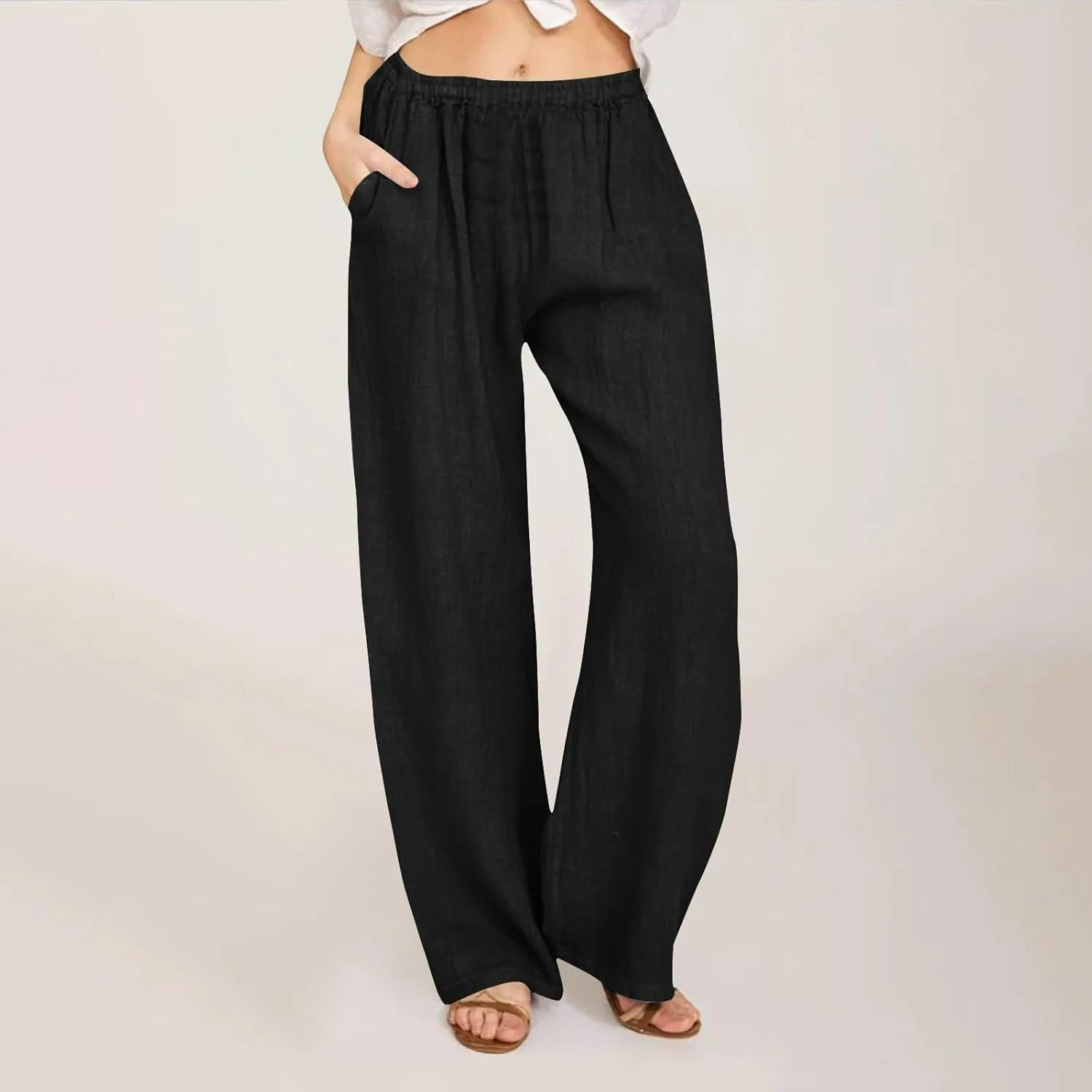 Summer Wide Leg Trousers for Women Trendy Elastic Waist Cotton Linen Pants Ladies Beach Palazzo Pants with Pockets