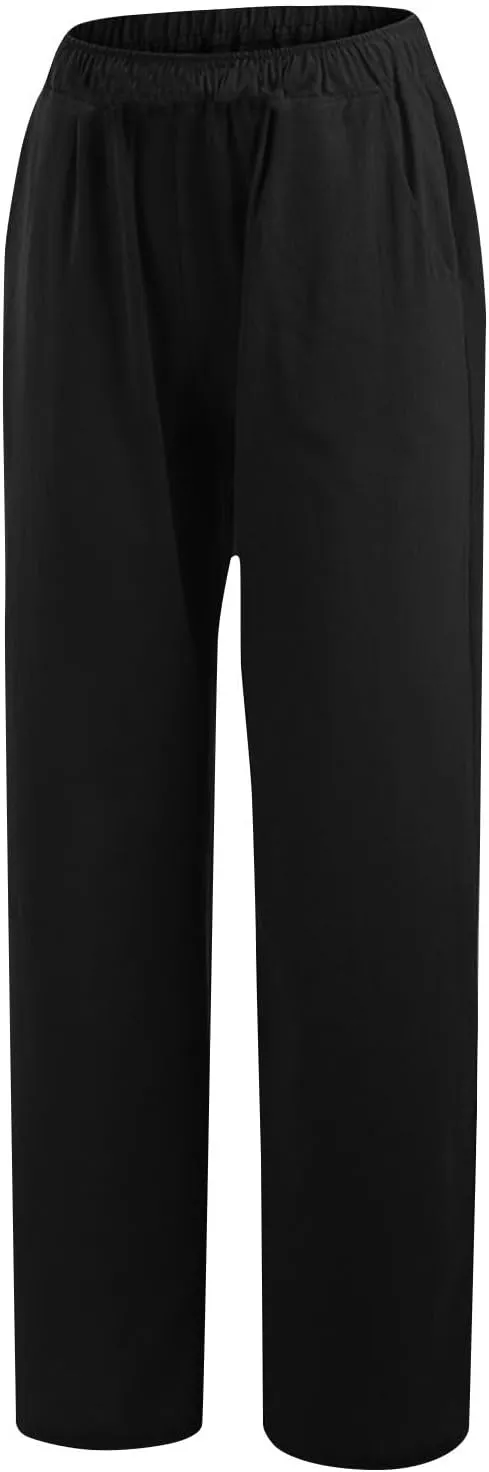 Summer Wide Leg Trousers for Women Trendy Elastic Waist Cotton Linen Pants Ladies Beach Palazzo Pants with Pockets