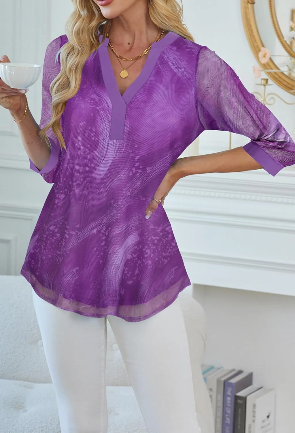 Supnier Womens Tops 3/4 Sleeve V Neck Dressy Blouses FLoral Print Layers Mesh Shirts Loose Fit Tunic Tops