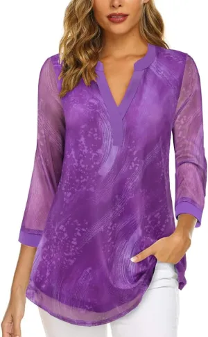 Supnier Womens Tops 3/4 Sleeve V Neck Dressy Blouses FLoral Print Layers Mesh Shirts Loose Fit Tunic Tops