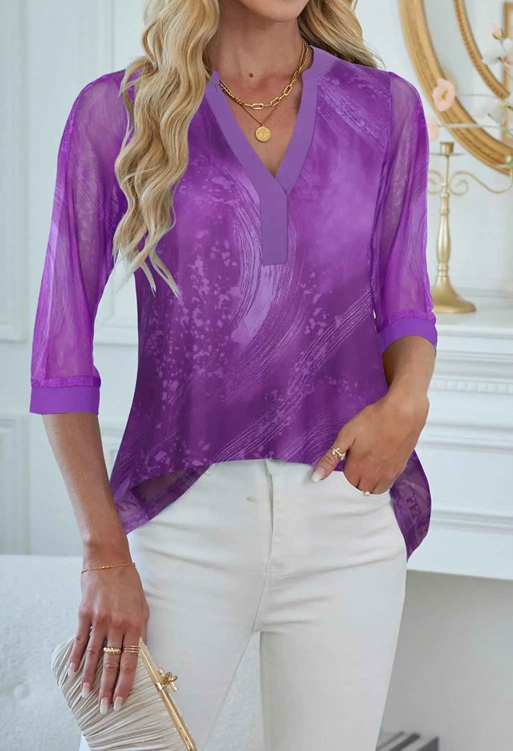 Supnier Womens Tops 3/4 Sleeve V Neck Dressy Blouses FLoral Print Layers Mesh Shirts Loose Fit Tunic Tops