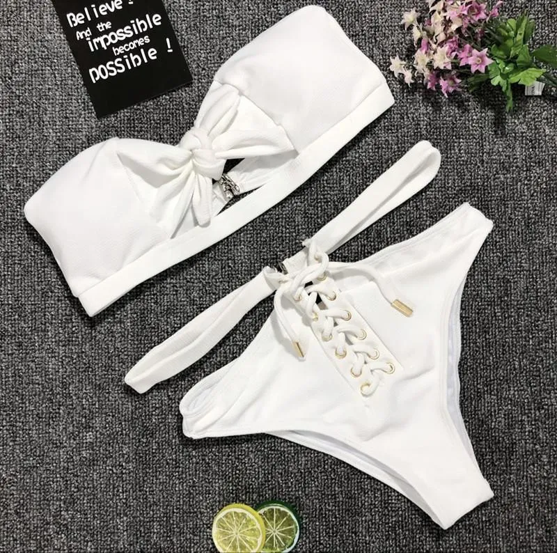 Swimsuit Women High Waist Hollow Out Bikini Maillot De Bain Femme 2018 Strapless Bandeau Biquini Tie Up Swimsuit Bandeau Femme