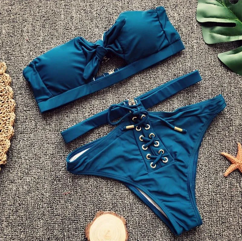 Swimsuit Women High Waist Hollow Out Bikini Maillot De Bain Femme 2018 Strapless Bandeau Biquini Tie Up Swimsuit Bandeau Femme