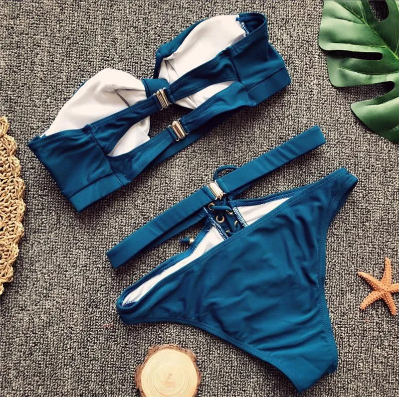Swimsuit Women High Waist Hollow Out Bikini Maillot De Bain Femme 2018 Strapless Bandeau Biquini Tie Up Swimsuit Bandeau Femme