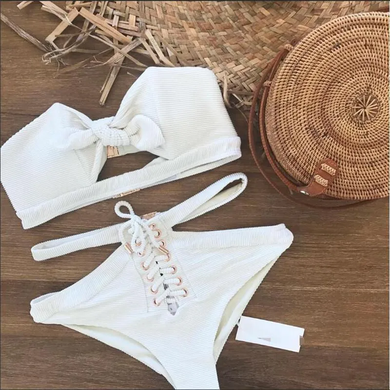 Swimsuit Women High Waist Hollow Out Bikini Maillot De Bain Femme 2018 Strapless Bandeau Biquini Tie Up Swimsuit Bandeau Femme