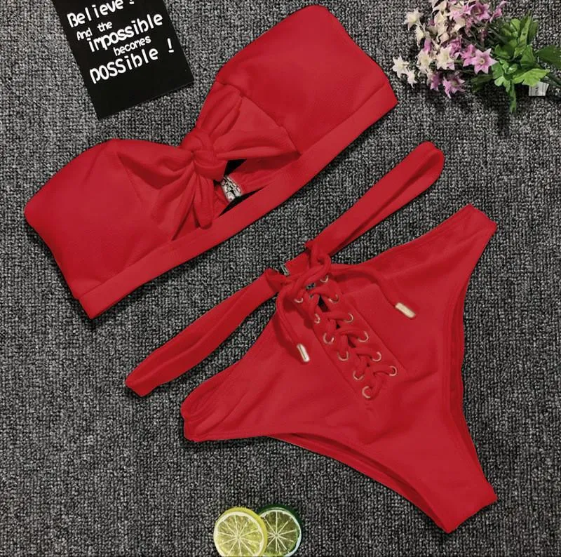 Swimsuit Women High Waist Hollow Out Bikini Maillot De Bain Femme 2018 Strapless Bandeau Biquini Tie Up Swimsuit Bandeau Femme