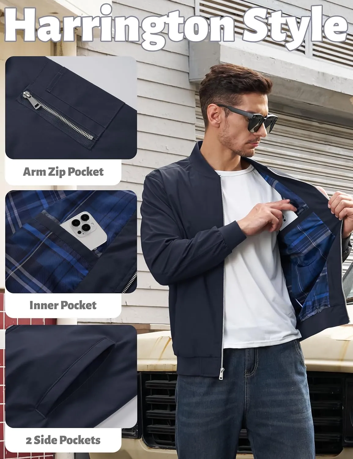 TACVASEN Men's Bomber Jacket Windproof Full Zip Up Windbreaker Plaid Lined Lightweight Casual Spring Fall Coat with 4 Pockets