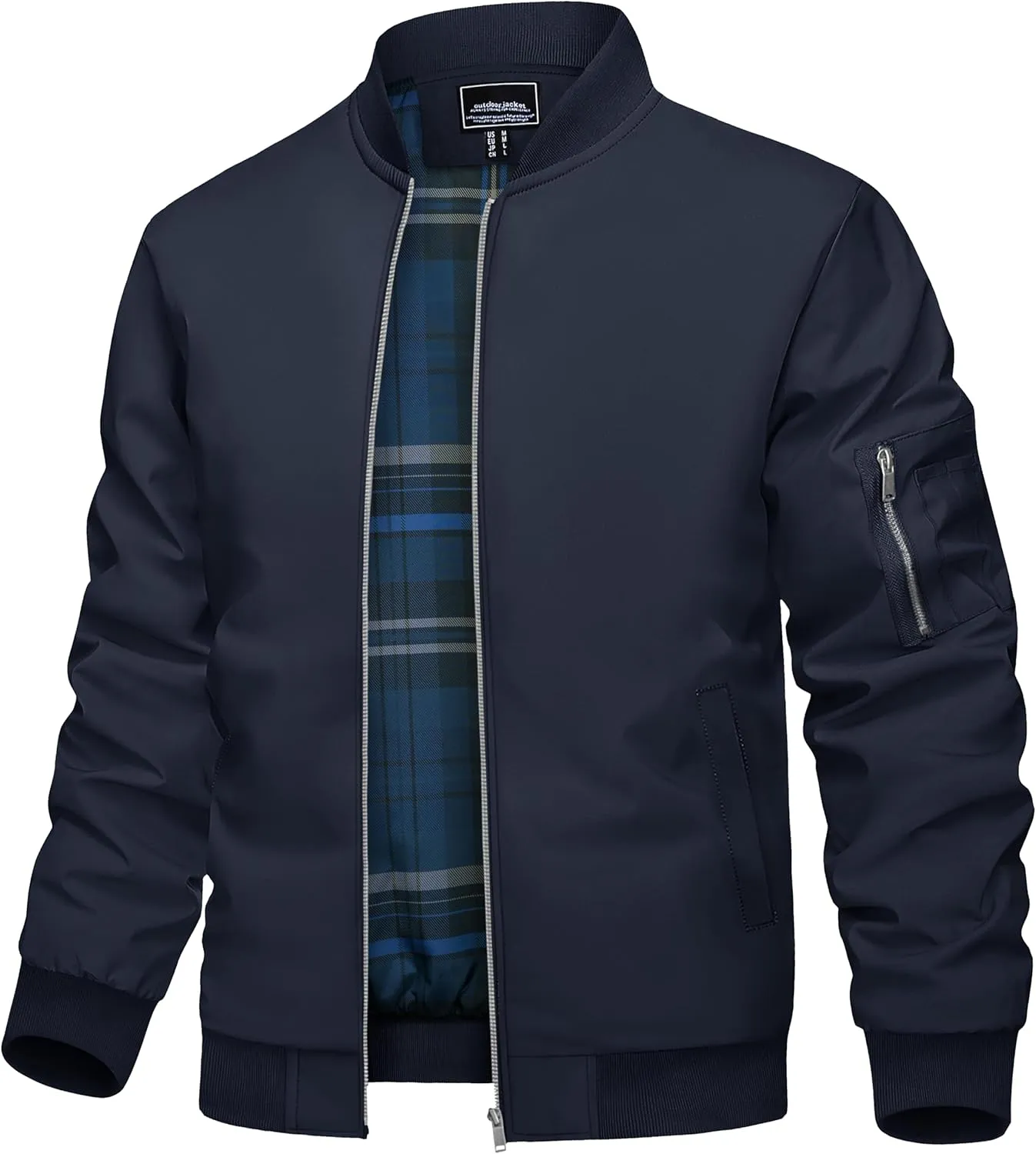 TACVASEN Men's Bomber Jacket Windproof Full Zip Up Windbreaker Plaid Lined Lightweight Casual Spring Fall Coat with 4 Pockets