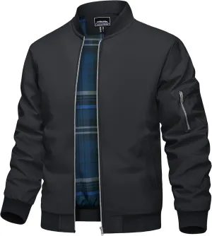 TACVASEN Men's Bomber Jacket Windproof Full Zip Up Windbreaker Plaid Lined Lightweight Casual Spring Fall Coat with 4 Pockets