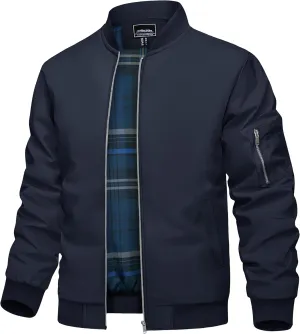 TACVASEN Men's Bomber Jacket Windproof Full Zip Up Windbreaker Plaid Lined Lightweight Casual Spring Fall Coat with 4 Pockets