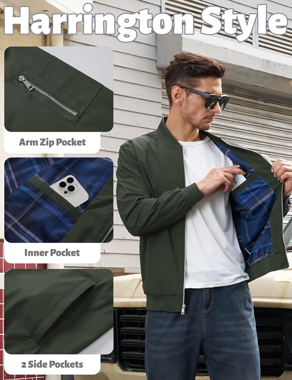 TACVASEN Men's Bomber Jacket Windproof Full Zip Up Windbreaker Plaid Lined Lightweight Casual Spring Fall Coat with 4 Pockets