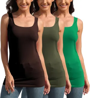 TAIPOVE Square Neck Long Tank Tops for Women Basic Sleeveless Layering Tunic Shirt Ladies Cotton Camis Undershirts 3-Pack