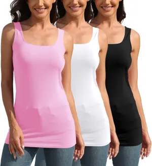 TAIPOVE Square Neck Long Tank Tops for Women Basic Sleeveless Layering Tunic Shirt Ladies Cotton Camis Undershirts 3-Pack