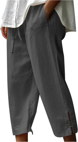 TANGNADE Womens Casual Capris Loose Fit Wide Leg Cropped Cotton Linen Pants with Pockets Elastic Waist Trouser