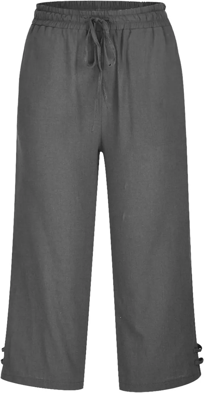 TANGNADE Womens Casual Capris Loose Fit Wide Leg Cropped Cotton Linen Pants with Pockets Elastic Waist Trouser