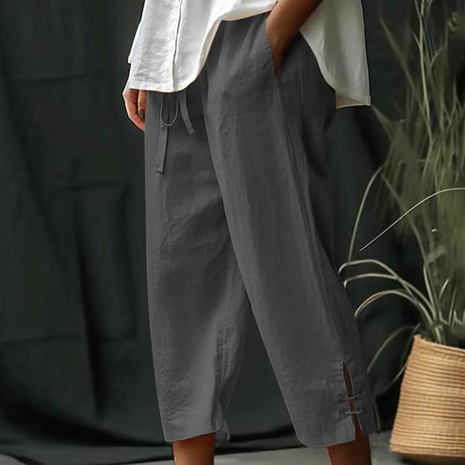 TANGNADE Womens Casual Capris Loose Fit Wide Leg Cropped Cotton Linen Pants with Pockets Elastic Waist Trouser