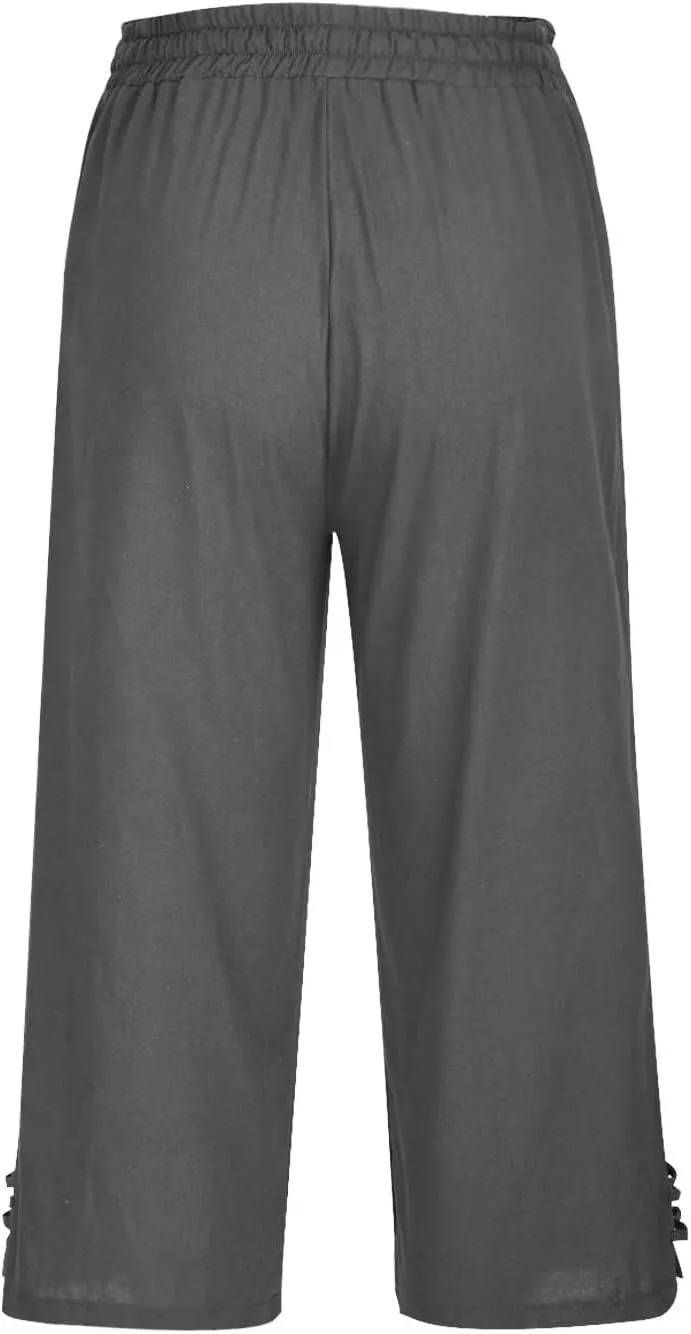 TANGNADE Womens Casual Capris Loose Fit Wide Leg Cropped Cotton Linen Pants with Pockets Elastic Waist Trouser
