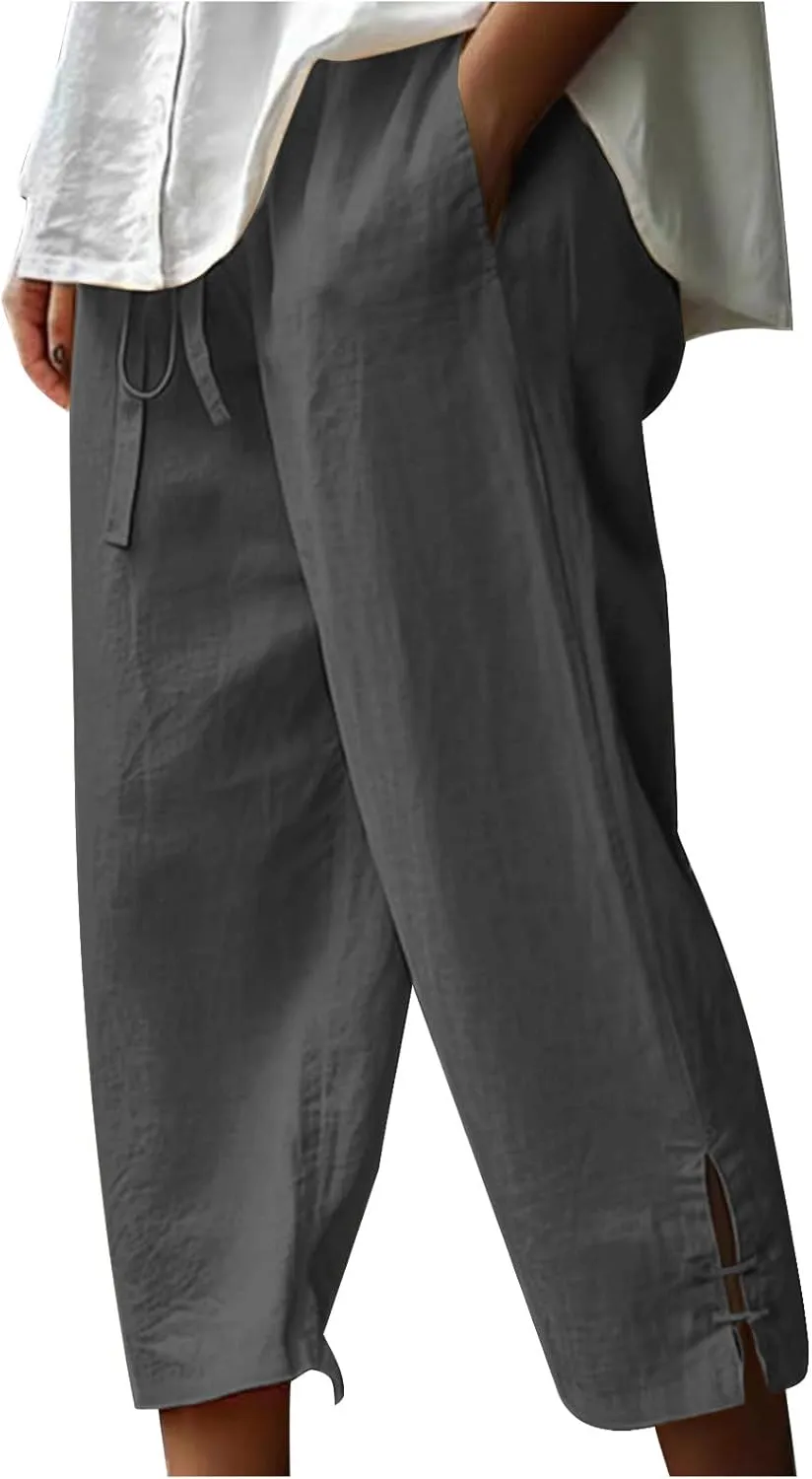 TANGNADE Womens Casual Capris Loose Fit Wide Leg Cropped Cotton Linen Pants with Pockets Elastic Waist Trouser