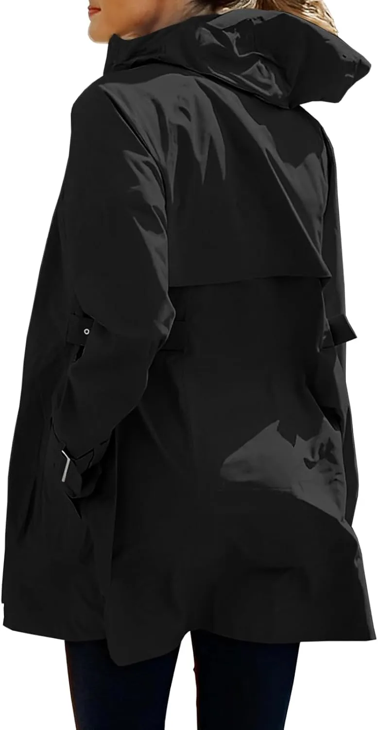 Tankaneo Women's Trench Coat Zip Up Long Sleeve Hooded Jacket Casual Windproof Outwear with Pockets