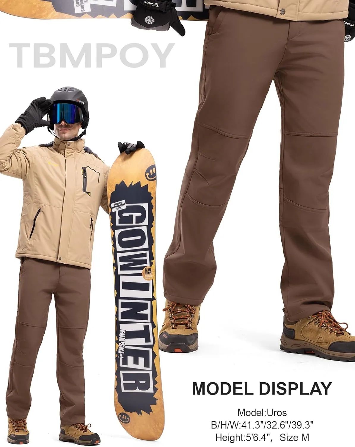 TBMPOY Men's Snow Ski Hiking Pants Waterproof Winter Fleece Lined Pants Camping Skiing Ice Fishing Pants with Belt