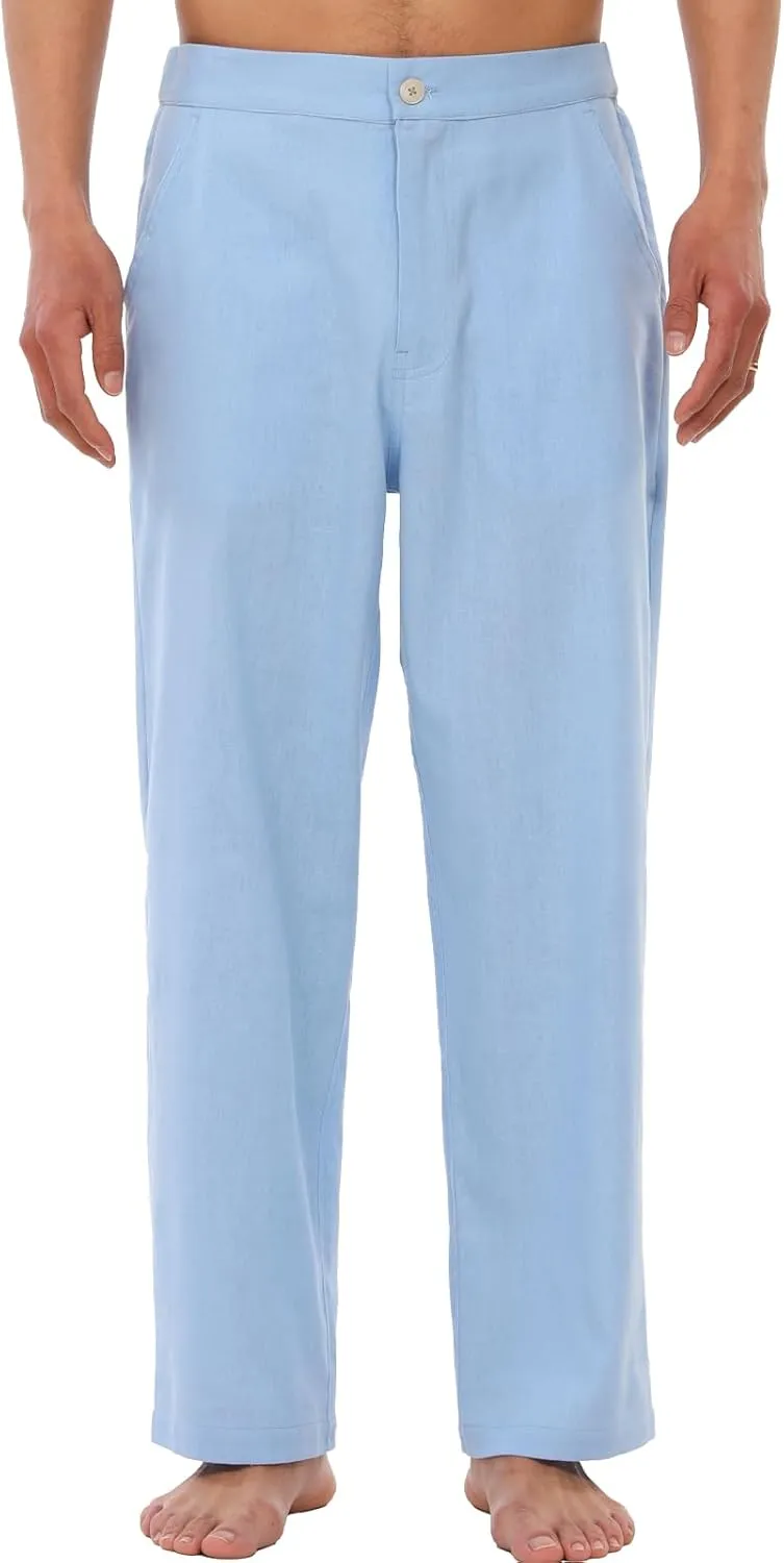 ThCreasa Mens Casual Elastic Waist Drawstring Pants Cotton Linen Baggy Lounge Pants Beach Trousers with Pockets