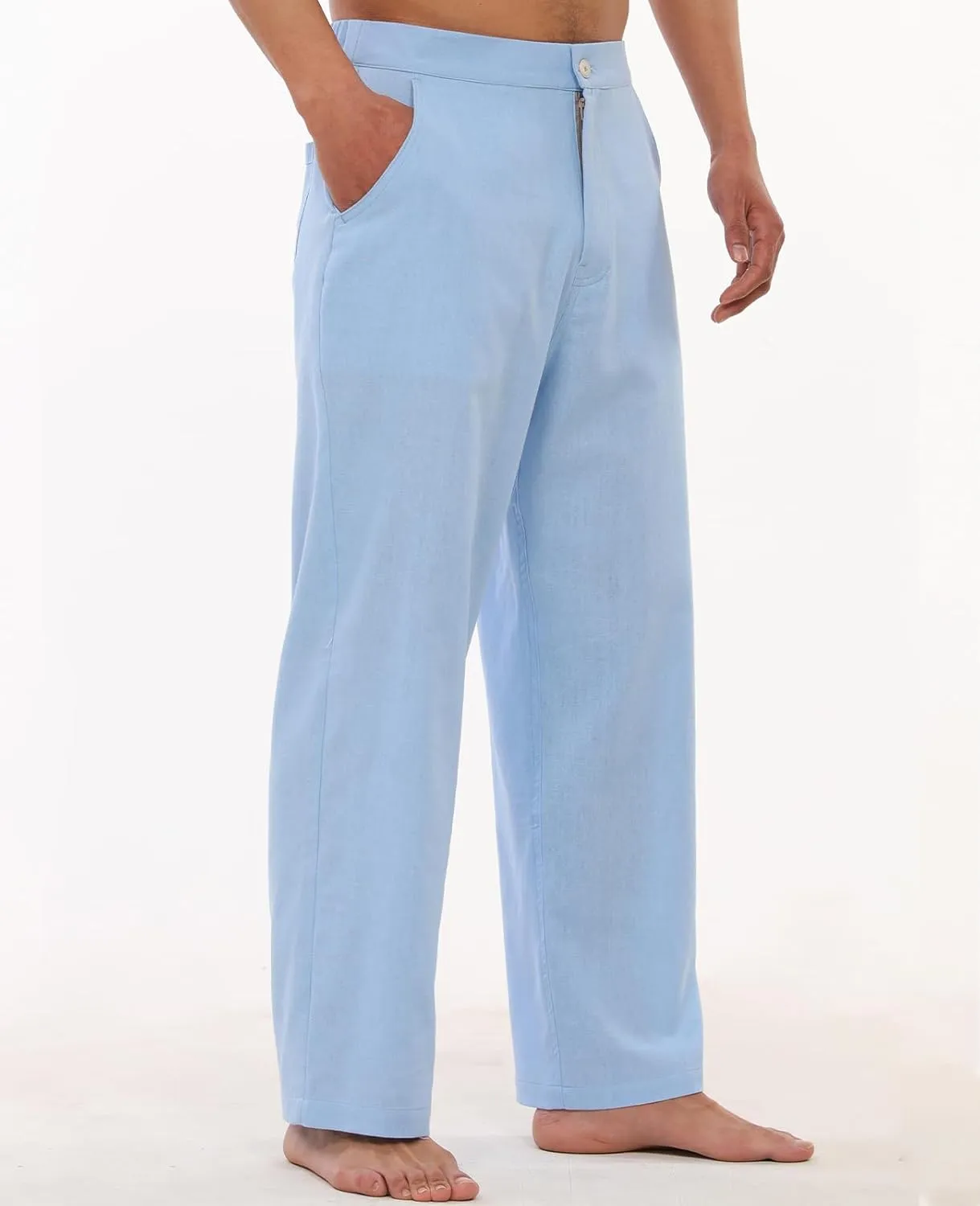 ThCreasa Mens Casual Elastic Waist Drawstring Pants Cotton Linen Baggy Lounge Pants Beach Trousers with Pockets