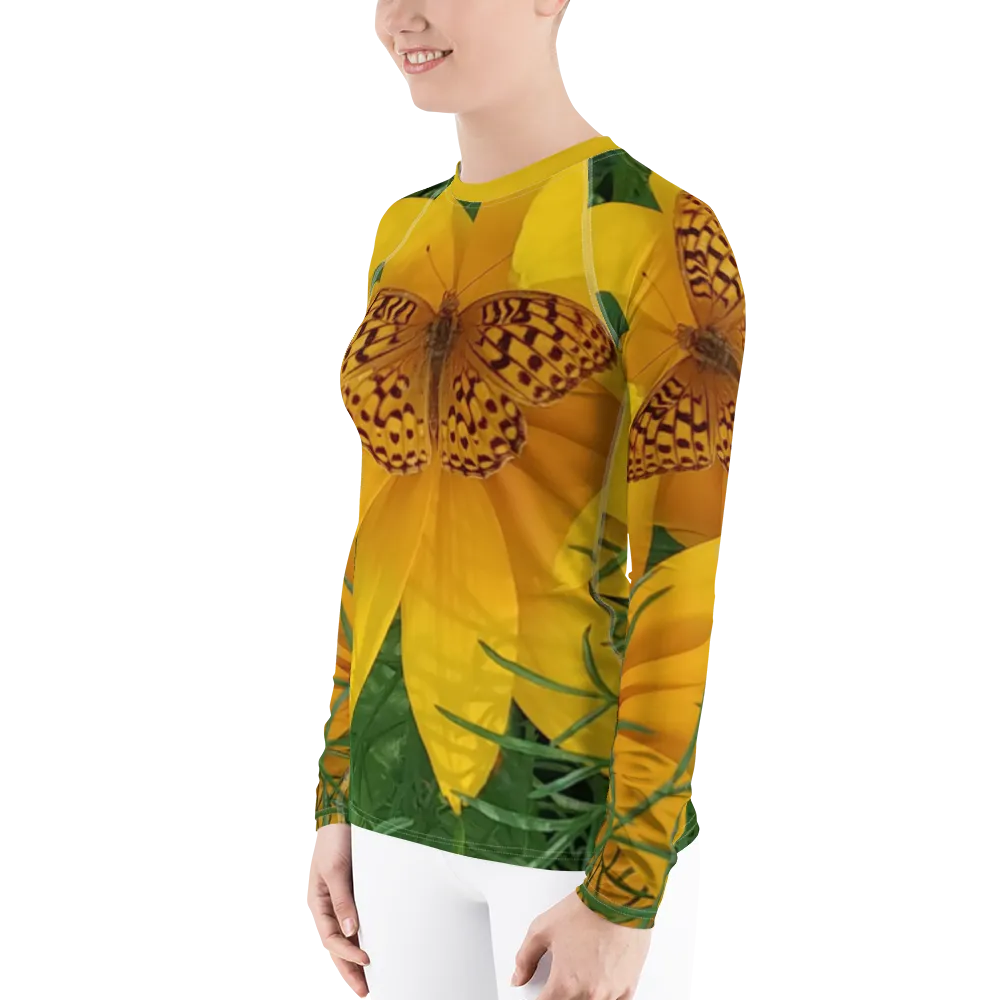 The FLOWER LOVE Collection - "Butterfly Beauty" Design Luxurious Women's Rash Guard, Sun Protective Clothing, Sports & Fitness Clothing