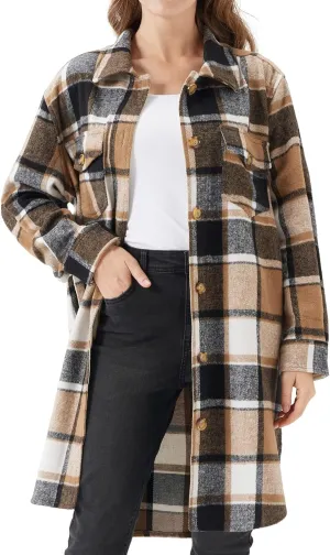 URBEST Women's Oversized Plaid Shacket | Soft Brushed Fabric | Casual Layering Top, Knee Length/Plus Size/Cropped
