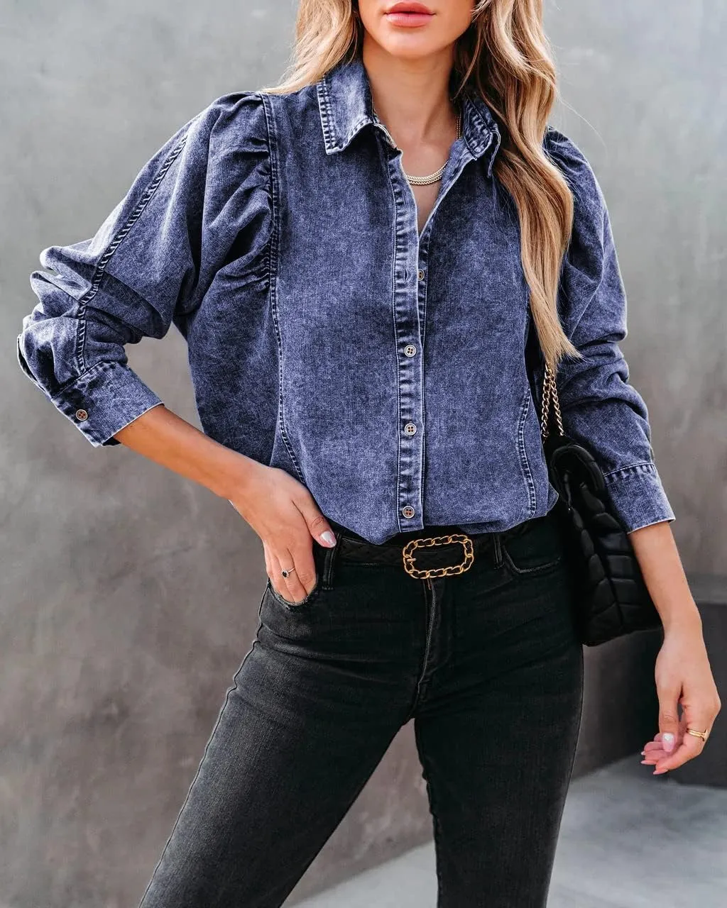 utcoco Womens Y2K Jean Jacket Lapel Long Puff Sleeve Retro Denim Jackets Distressed Shacket