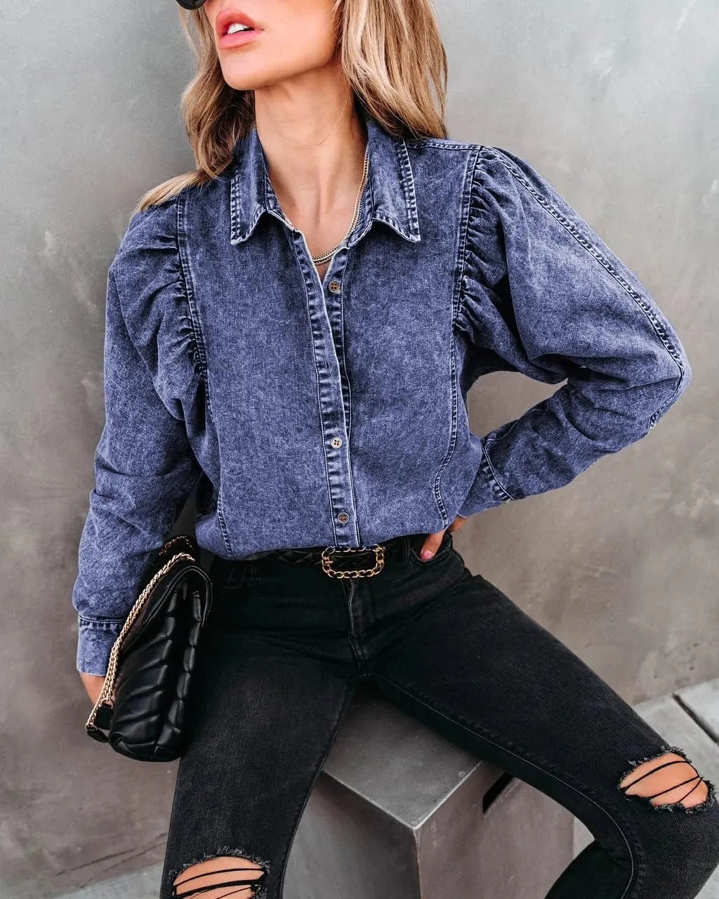 utcoco Womens Y2K Jean Jacket Lapel Long Puff Sleeve Retro Denim Jackets Distressed Shacket