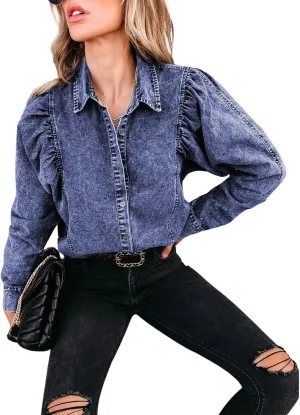 utcoco Womens Y2K Jean Jacket Lapel Long Puff Sleeve Retro Denim Jackets Distressed Shacket
