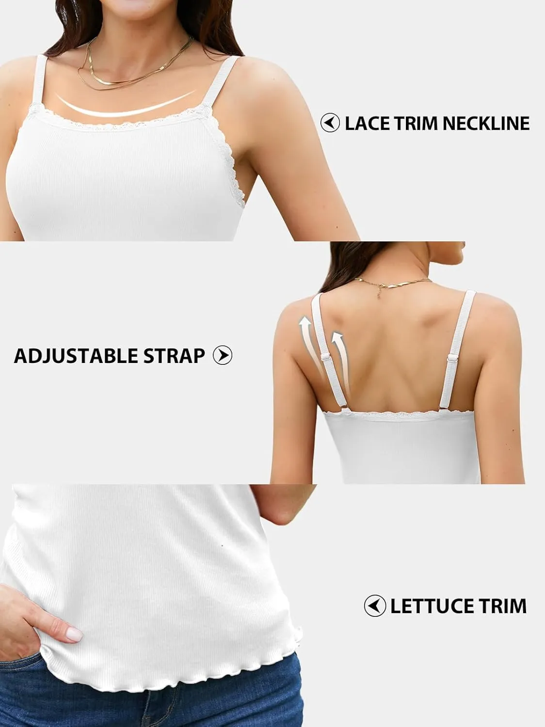 V FOR CITY Camisoles for Women with Built-in Bra Lace Trim Cami Adjustable Spaghetti Strap Lettuce Hem Ribbed Tank Top