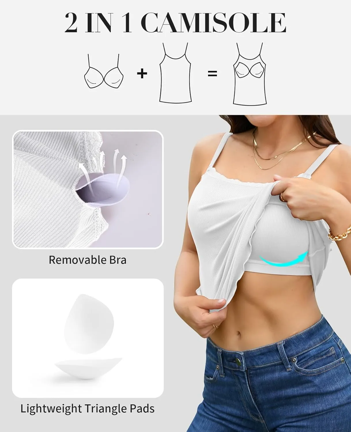 V FOR CITY Camisoles for Women with Built-in Bra Lace Trim Cami Adjustable Spaghetti Strap Lettuce Hem Ribbed Tank Top