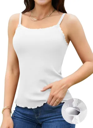V FOR CITY Camisoles for Women with Built-in Bra Lace Trim Cami Adjustable Spaghetti Strap Lettuce Hem Ribbed Tank Top
