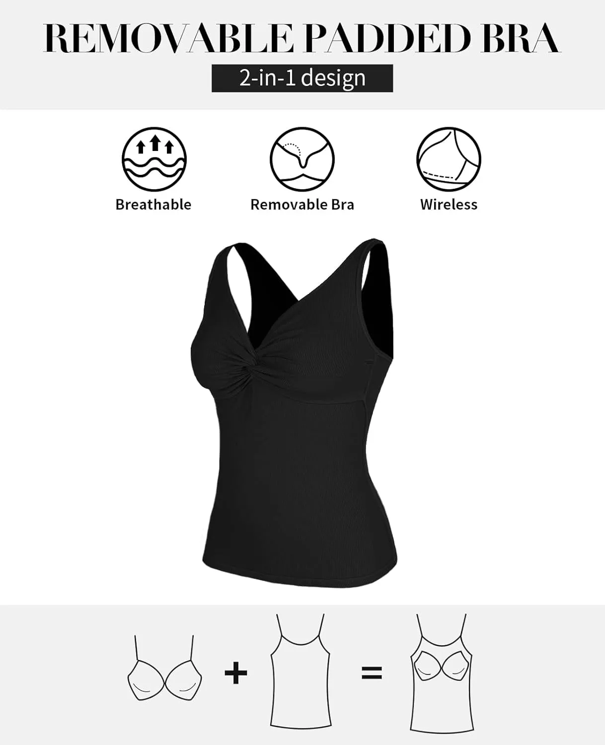 V FOR CITY Ribbed Tank Top for Women with Built-in Bra Adjustable Straps Camisole V Neck Camis S-XL