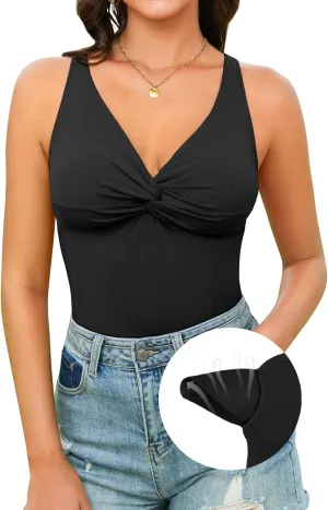 V FOR CITY Ribbed Tank Top for Women with Built-in Bra Adjustable Straps Camisole V Neck Camis S-XL