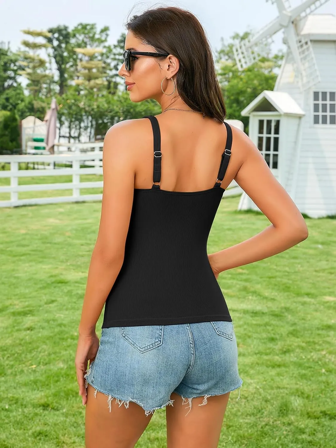 V FOR CITY Ribbed Tank Top for Women with Built-in Bra Adjustable Straps Camisole V Neck Camis S-XL