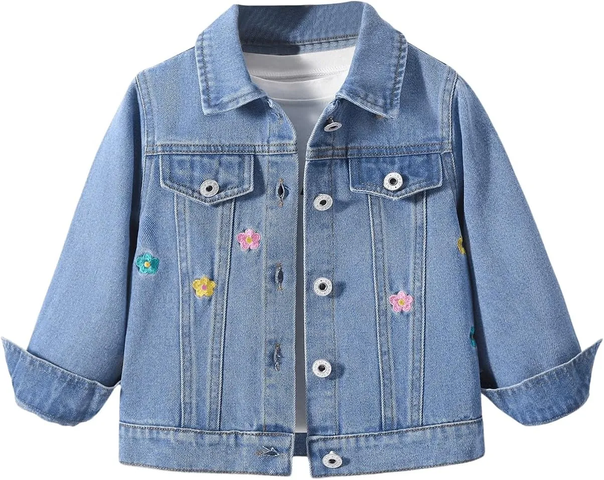 Verdusa Girl's Floral Embroidery Jean Jacket Button Up Long Sleeve Denim Jackets