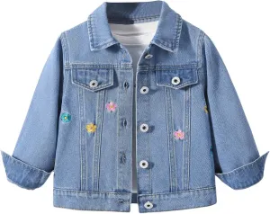 Verdusa Girl's Floral Embroidery Jean Jacket Button Up Long Sleeve Denim Jackets