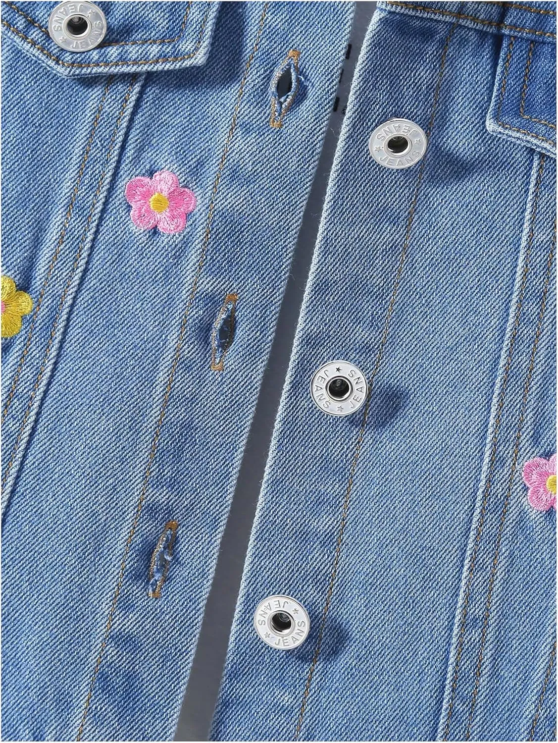 Verdusa Girl's Floral Embroidery Jean Jacket Button Up Long Sleeve Denim Jackets