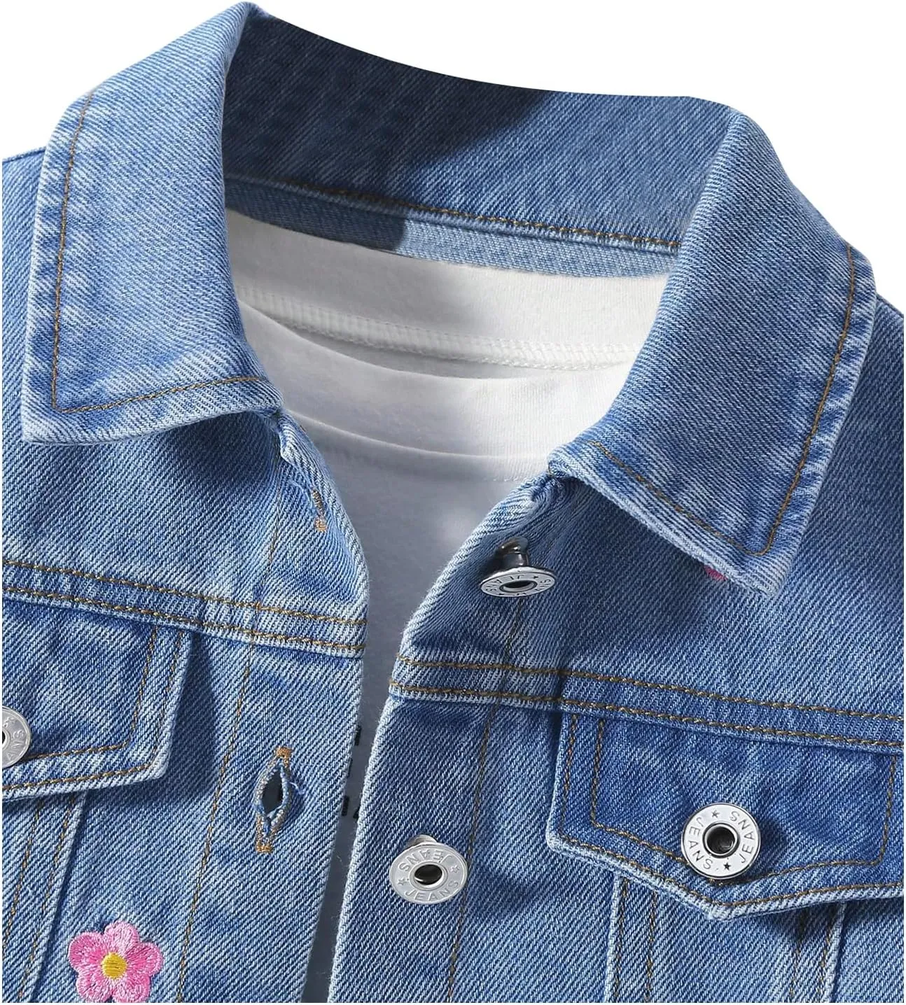 Verdusa Girl's Floral Embroidery Jean Jacket Button Up Long Sleeve Denim Jackets