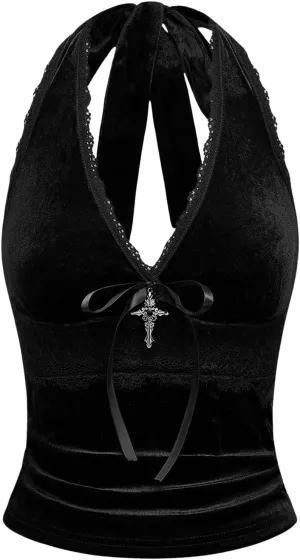 Verdusa Women's Gothic Sexy Halter Top Deep V Mesh Sheer Backless Fitted Crop Going Out Tops
