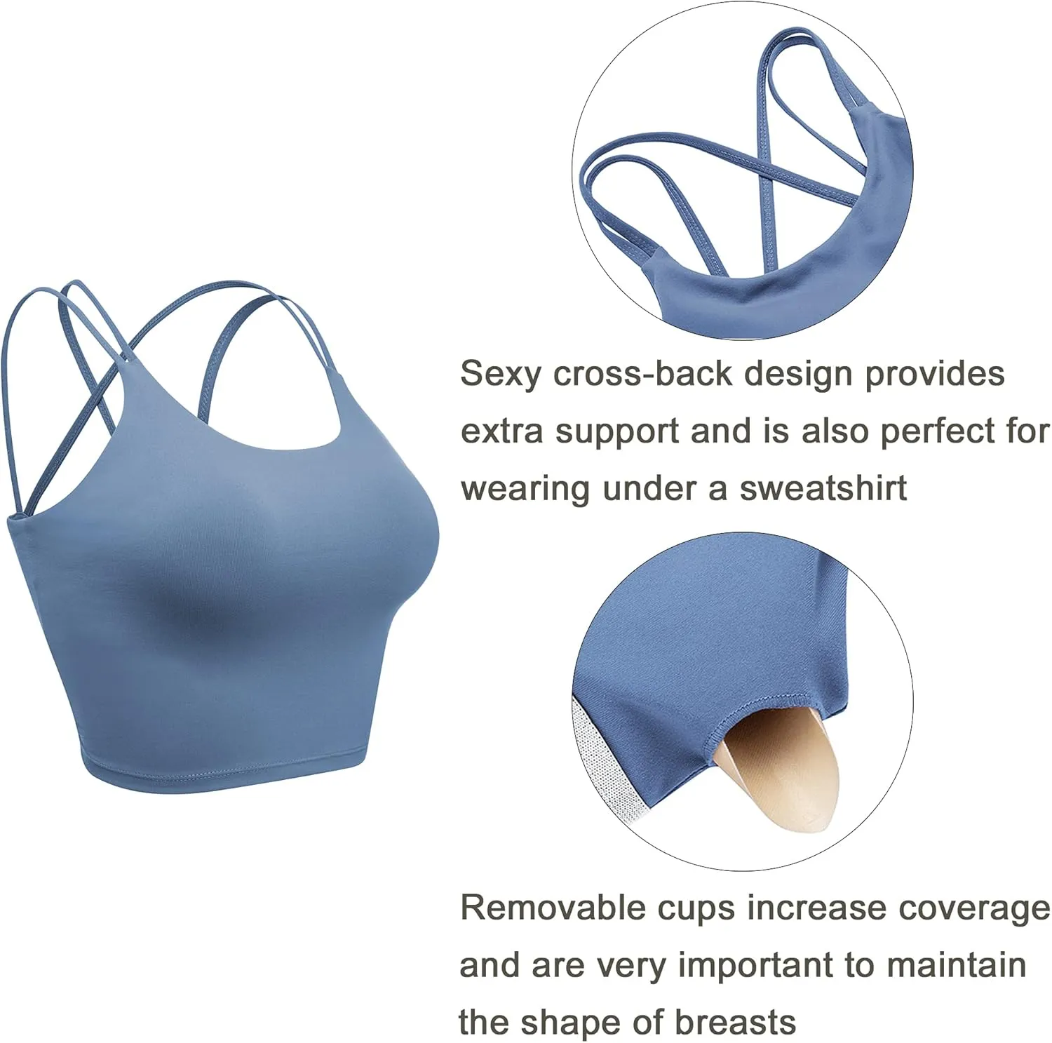 Vorcy Womens Padded Sports Bra Fitness Workout Running Camisole Crop Top with Built in Bra