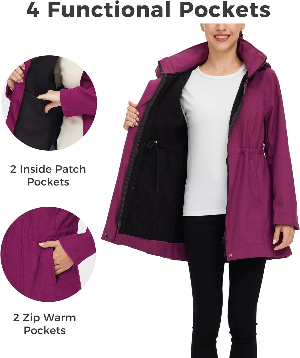 wantdo Women's Softshell Jacket Hooded Fleece Lined Waterproof Coat Warm Lightweight Insulated Windbreaker for Outdoor Hiking