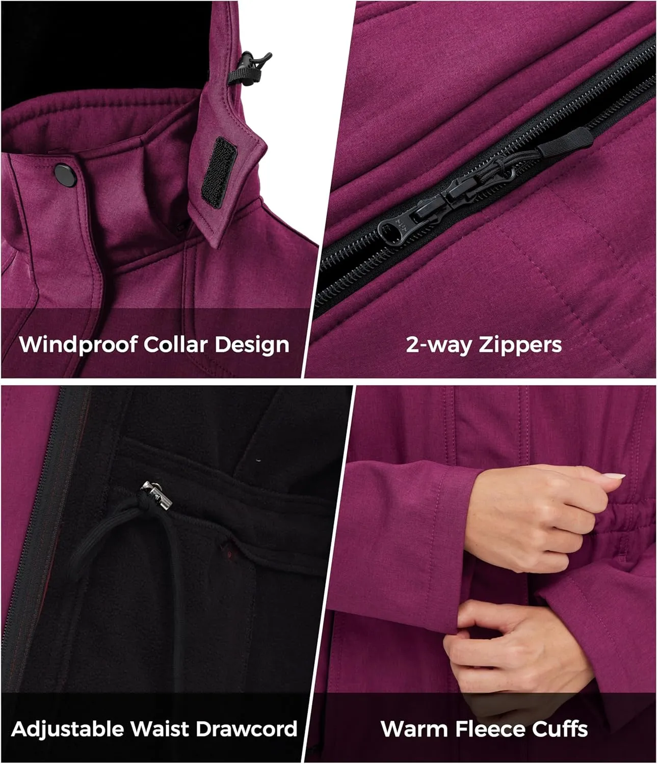 wantdo Women's Softshell Jacket Hooded Fleece Lined Waterproof Coat Warm Lightweight Insulated Windbreaker for Outdoor Hiking